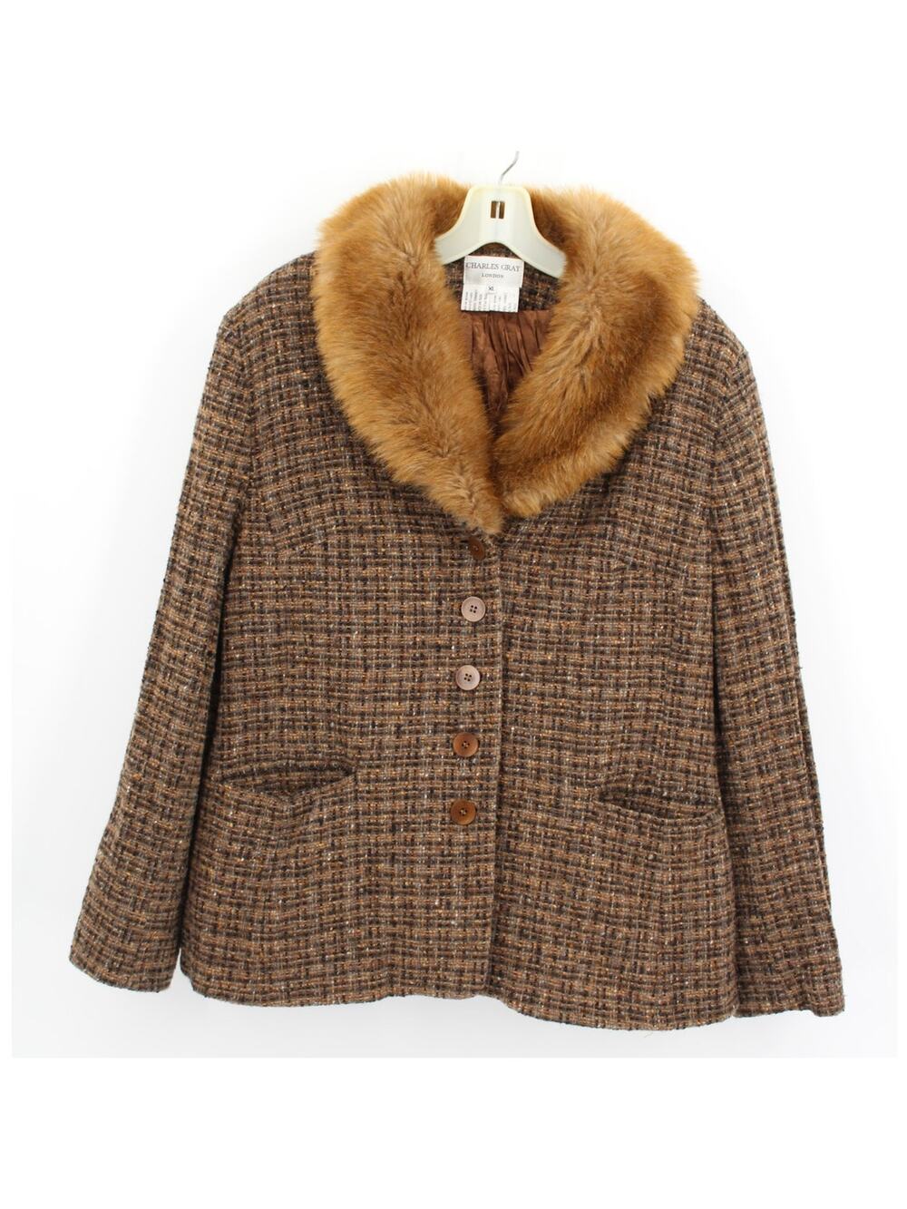Vintage Charles Gray London Tweed Wool Blend Jacket Brown Fur Collar Brown XL